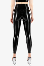Black Latex High-Rise Leggings with V-Back Detail