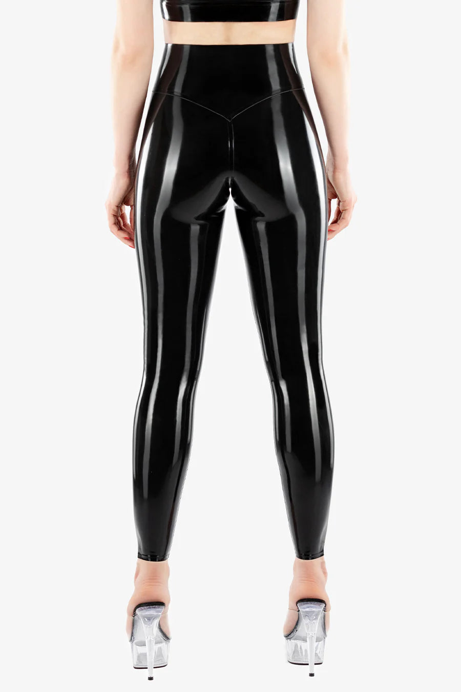 Black Latex High-Rise Leggings with V-Back Detail