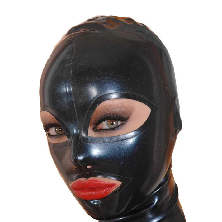 Black Latex Mask – Open Eyes & Mouth for Intimate Play