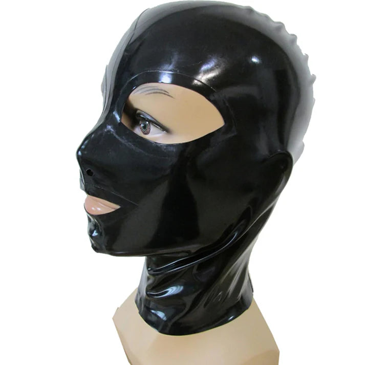 Black Latex Mask – Open Eyes & Mouth for Intimate Play