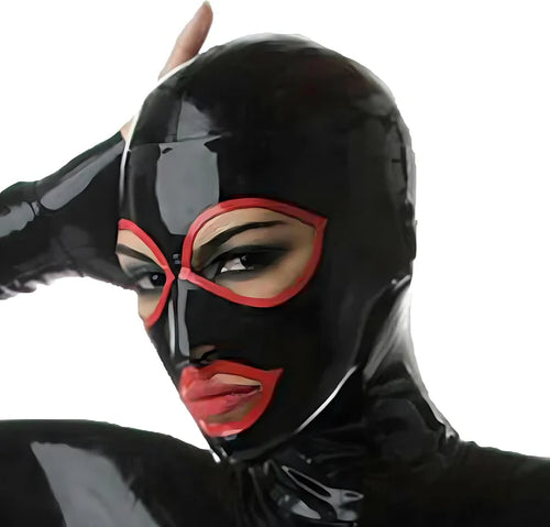 Black Latex Hood– Red-Trimmed Eye & Mouth Cut-Outs