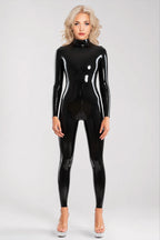 Black Neck-Entry Latex Catsuit with Double-Slider Crotch Zipper