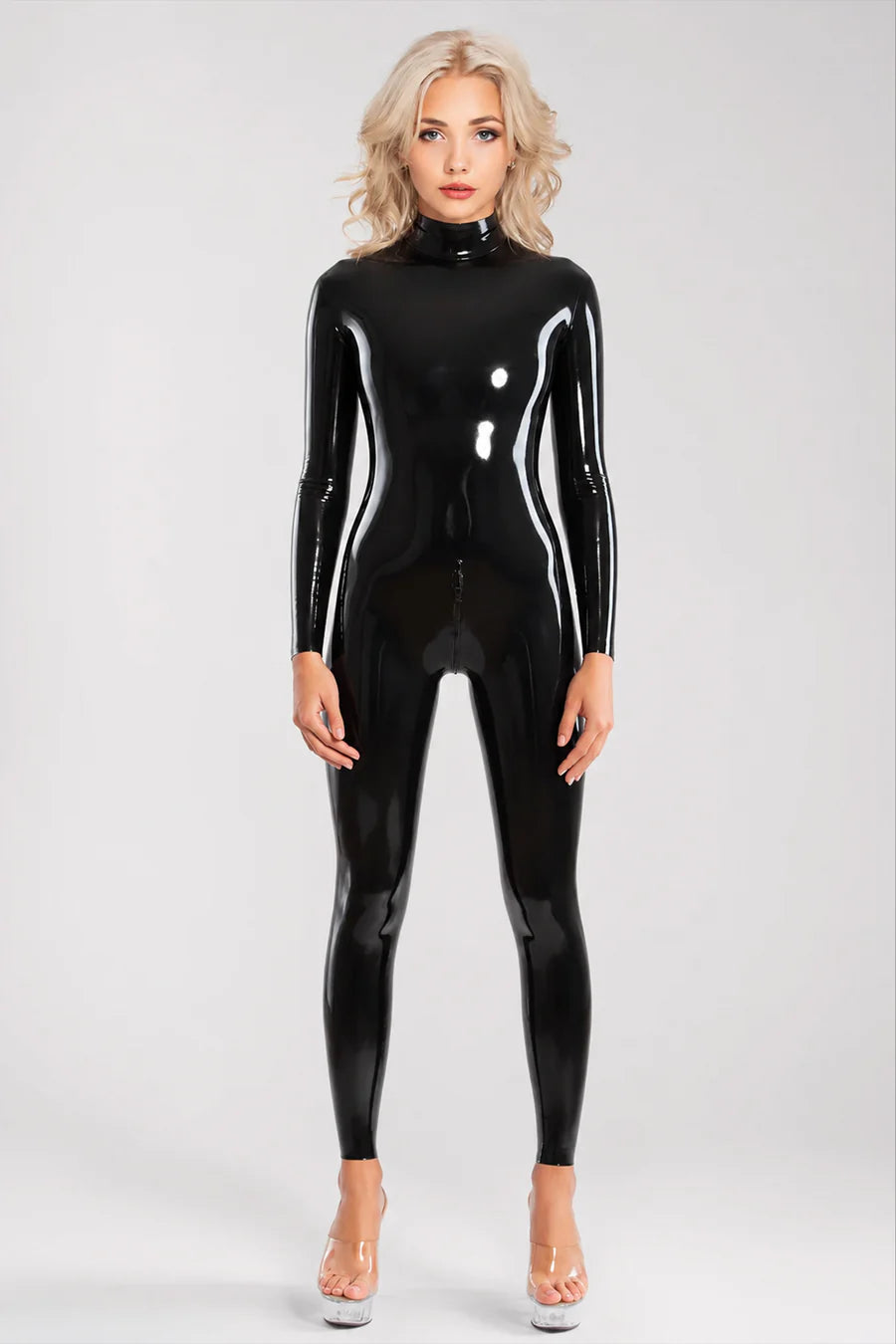 Black Neck-Entry Latex Catsuit with Double-Slider Crotch Zipper
