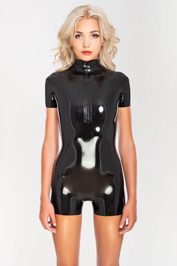 Black Short Latex Catsuit with Front Zipper
