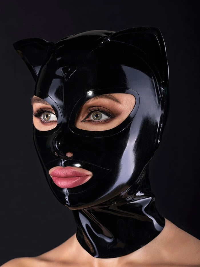 Black latex cat mask with black edging around