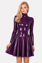 Damson Purple Latex Fit-and-Flare Dress with Long Sleeves and Stand Collar