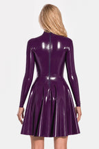 Damson Purple Latex Fit-and-Flare Dress with Long Sleeves and Stand Collar