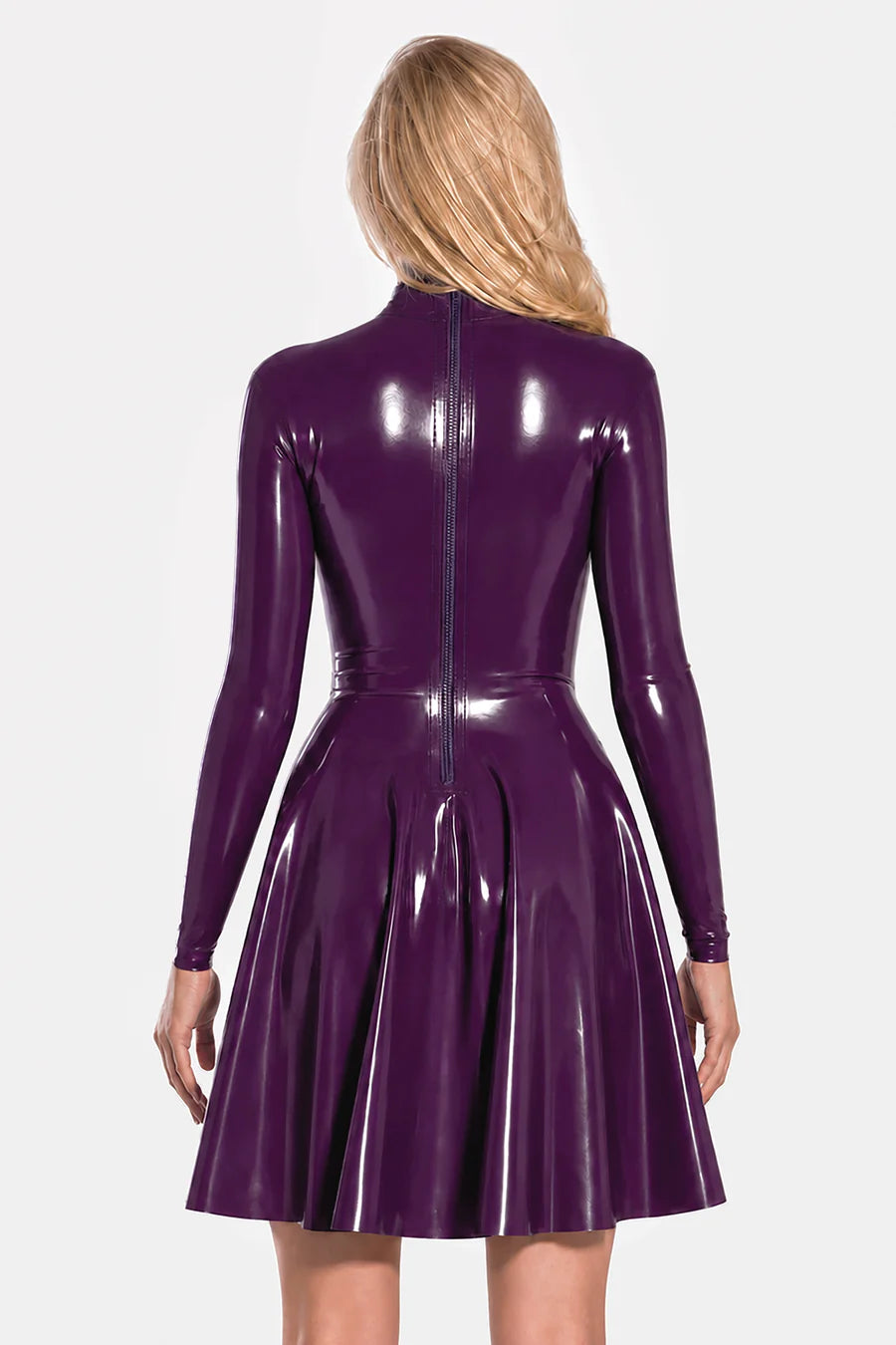 Damson Purple Latex Fit-and-Flare Dress with Long Sleeves and Stand Collar