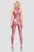 Electric Pink Sleeveless Latex Catsuit with Anatomical Cut and Thong Back