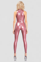 Electric Pink Sleeveless Latex Catsuit with Anatomical Cut and Thong Back