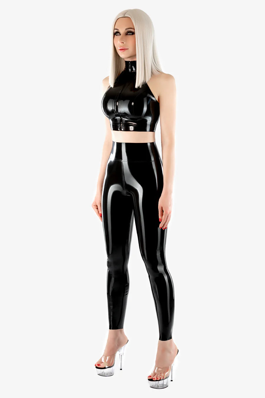 High-Collar Latex Top with Concealed Front Zip