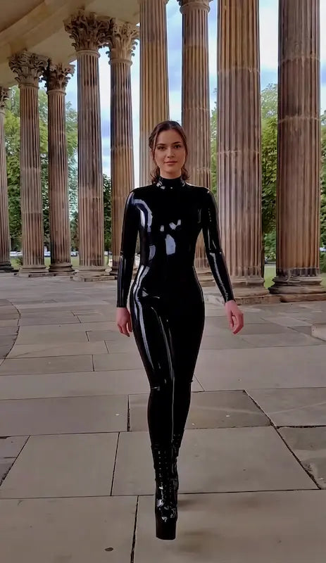 Black Neck-Entry Latex Catsuit with Double-Slider Crotch Zipper