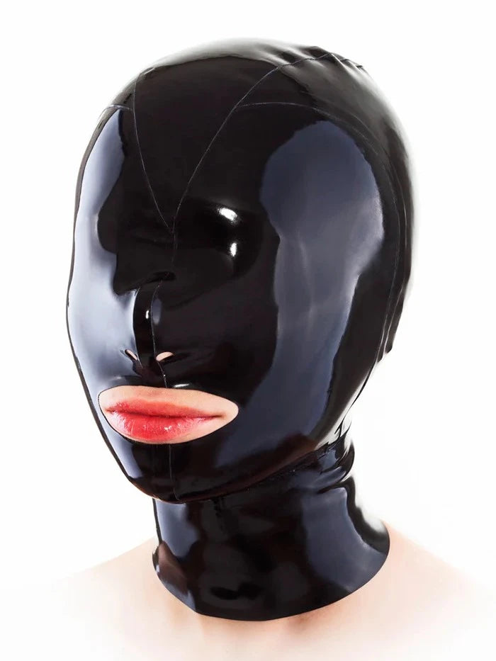 Latex mask with a cutout for mouth and nostrils and with a back zipper