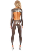 Metallic Platinum Latex Catsuit with Open Back and Short Front Zipper