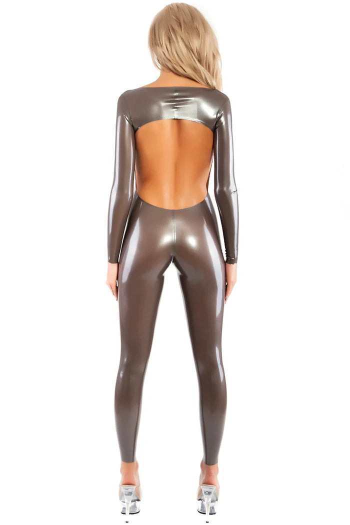 Metallic Platinum Latex Catsuit with Open Back and Short Front Zipper