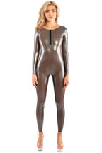 Metallic Platinum Latex Catsuit with Open Back and Short Front Zipper