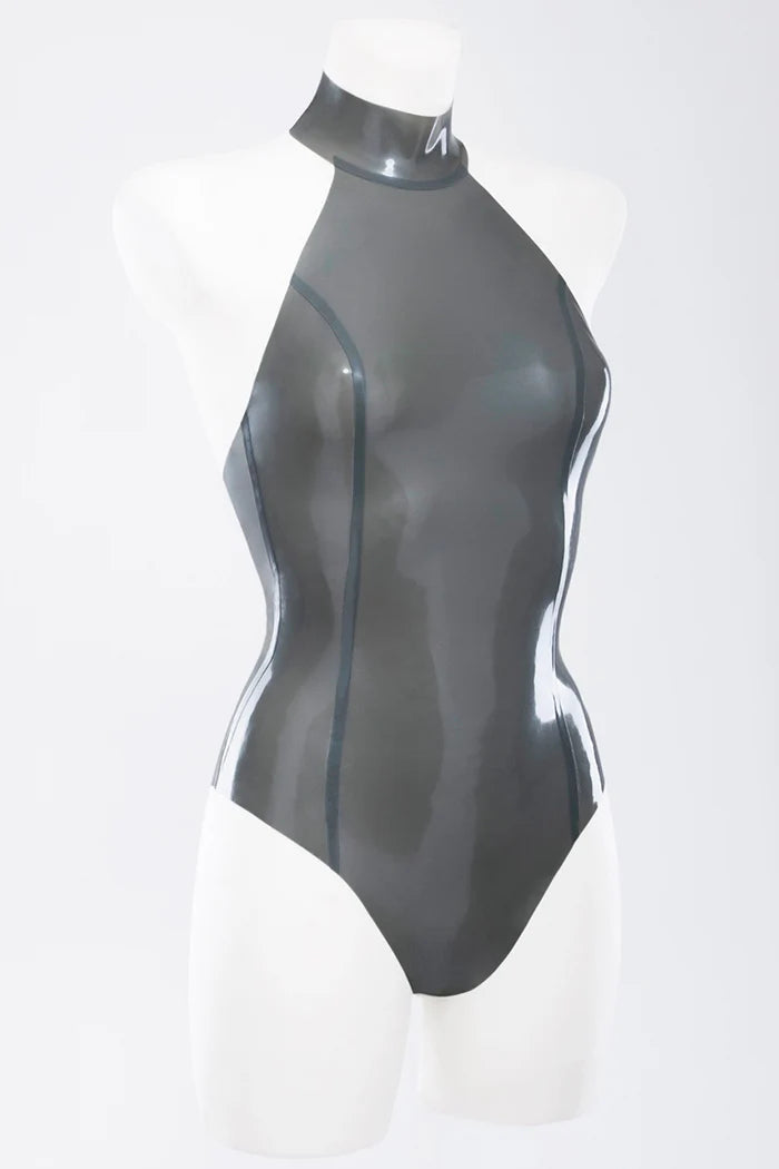Metallic Silver Latex swimsuit with high neck