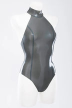 Metallic Silver Latex swimsuit with high neck