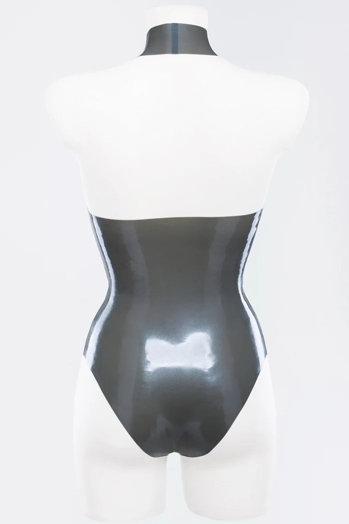 Metallic Silver Latex swimsuit with high neck