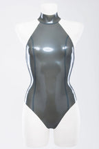 Metallic Silver Latex swimsuit with high neck