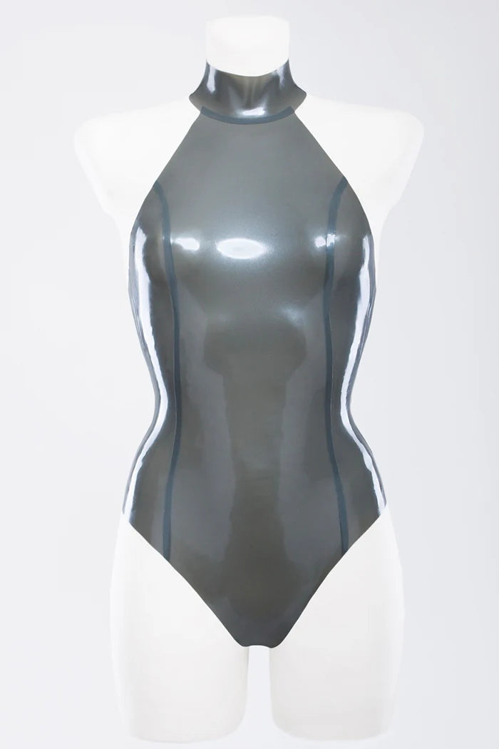 Metallic Silver Latex swimsuit with high neck