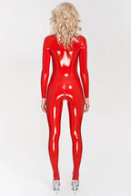 Red Latex Catsuit with Cups and Closed Feet