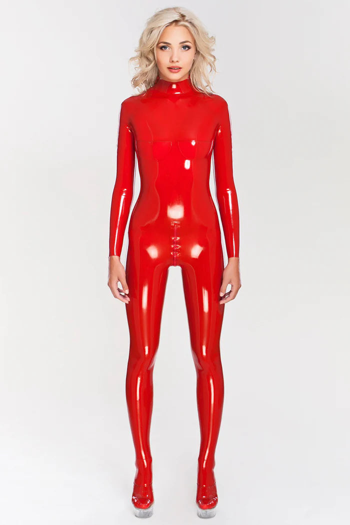 Red Latex Catsuit with Cups and Closed Feet
