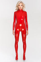 Red Latex Catsuit with Cups and Closed Feet