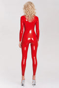 Red Neck-Entry Latex Catsuit without Zippers