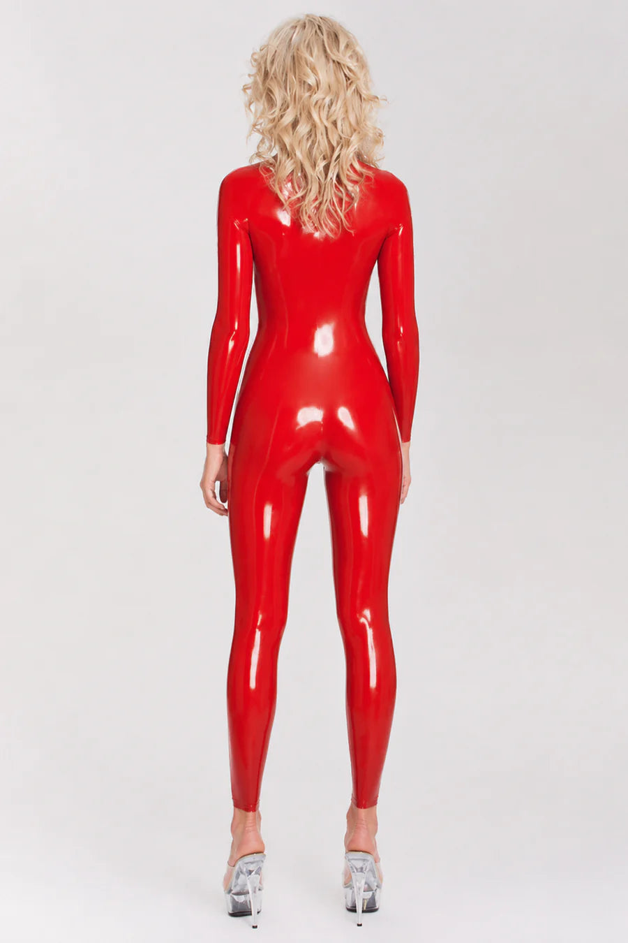 Red Neck-Entry Latex Catsuit without Zippers