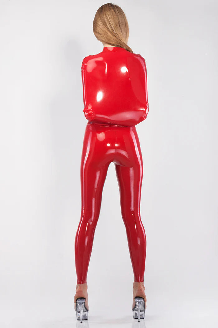 Red Sleeveless Latex Bondage Catsuit with Waist Belt and Collar