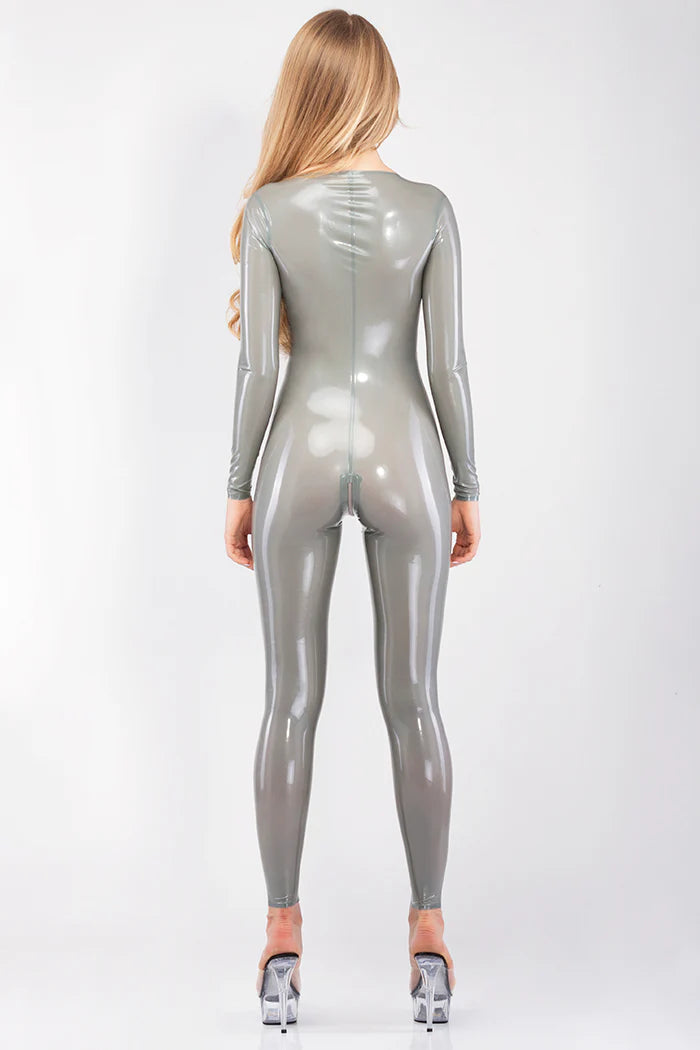 Silver Latex Catsuit with Deep Neckline and Trimmed Edges