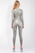 Silver Latex Catsuit with Deep Neckline and Trimmed Edges
