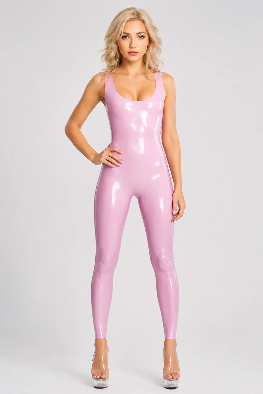 Violet Sleeveless Latex Catsuit with Minimal Seams