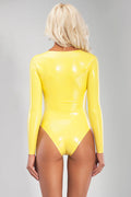 Yellow Latex Swimsuit with Long Sleeves and Deep Neckline