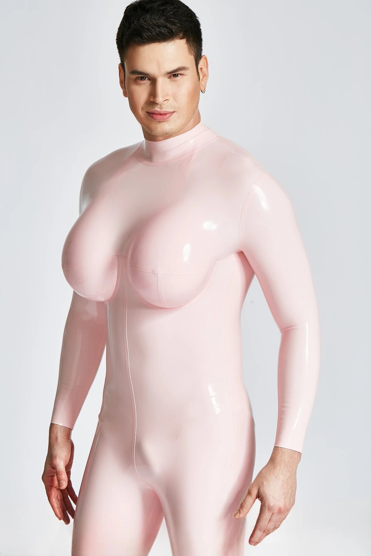 Baby Pink Male Silicone Big Boobs Latex Catsuit
