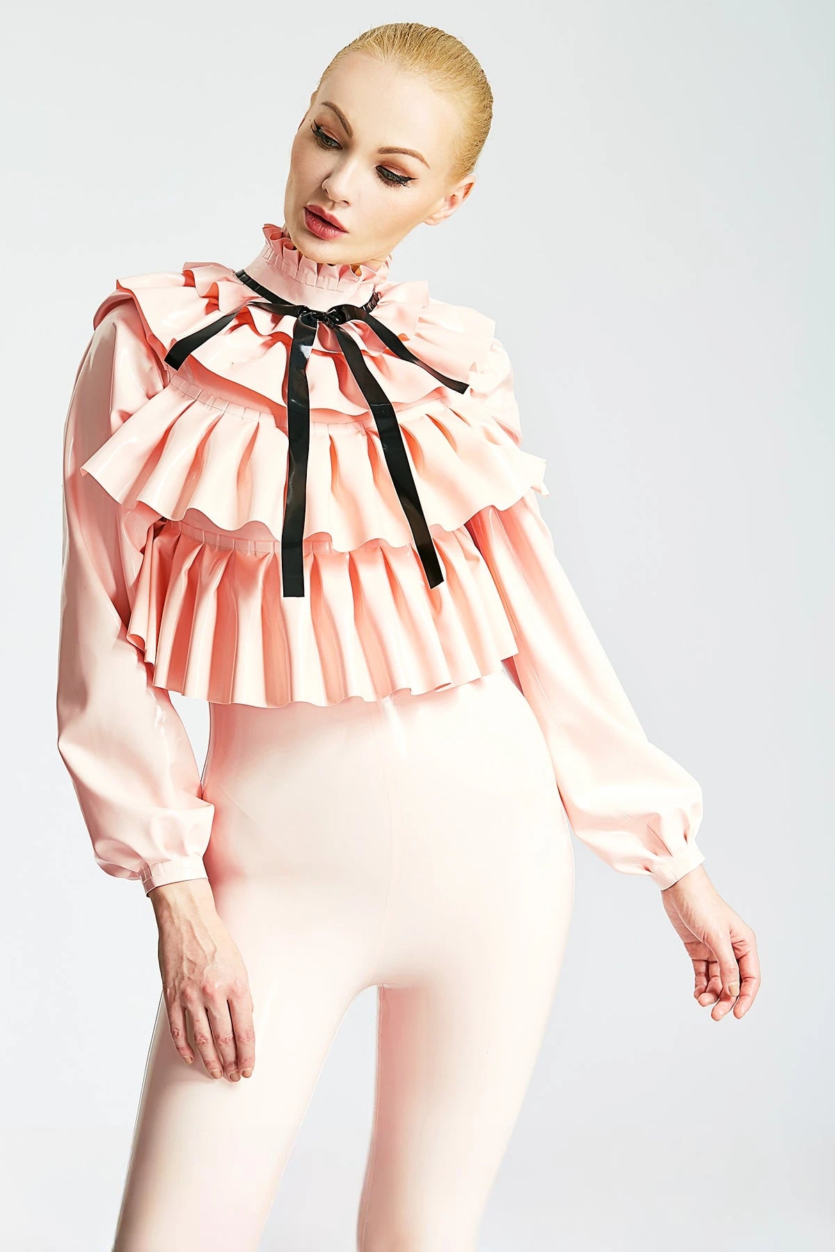 Baby Pink, trim color is Black Frills Galore Shirt-style Female