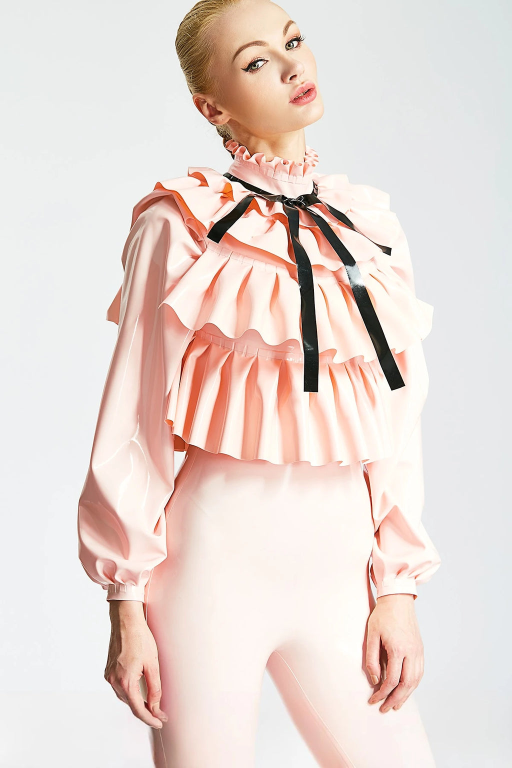 Baby Pink, trim color is Black Frills Galore Shirt-style Female