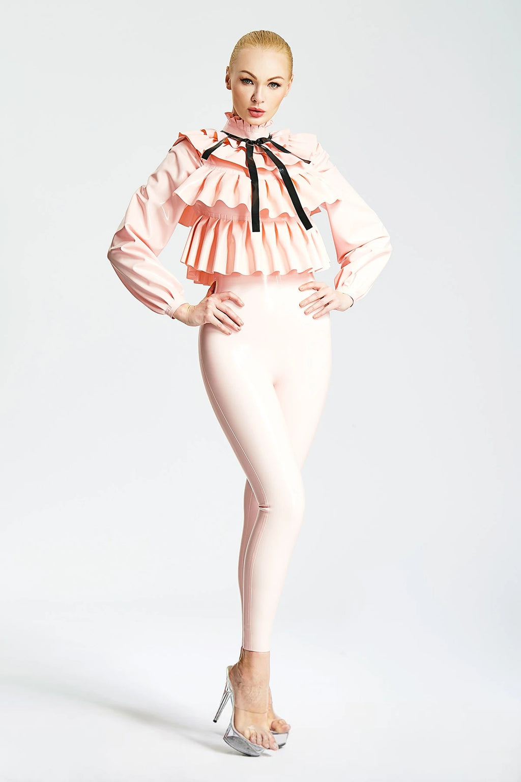 Baby Pink, trim color is Black Frills Galore Shirt-style Female