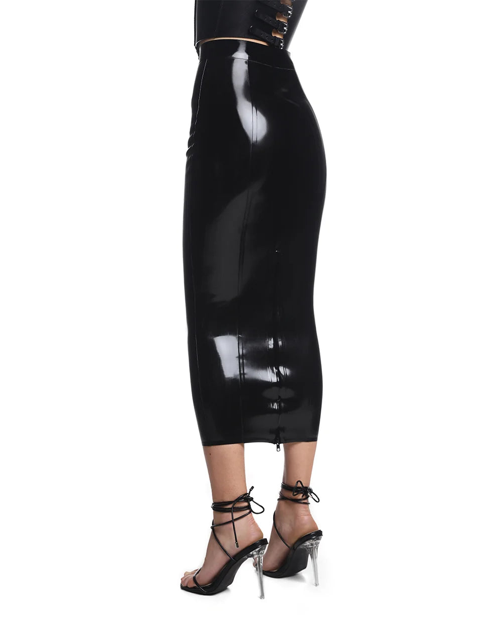 Black Amanda High-Waist Latex Midi Skirt with Back Zip