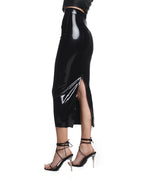 Black Amanda High-Waist Latex Midi Skirt with Back Zip