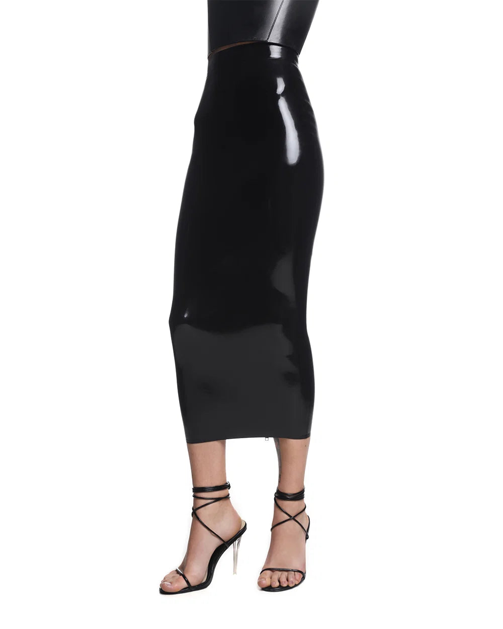 Black Amanda High-Waist Latex Midi Skirt with Back Zip