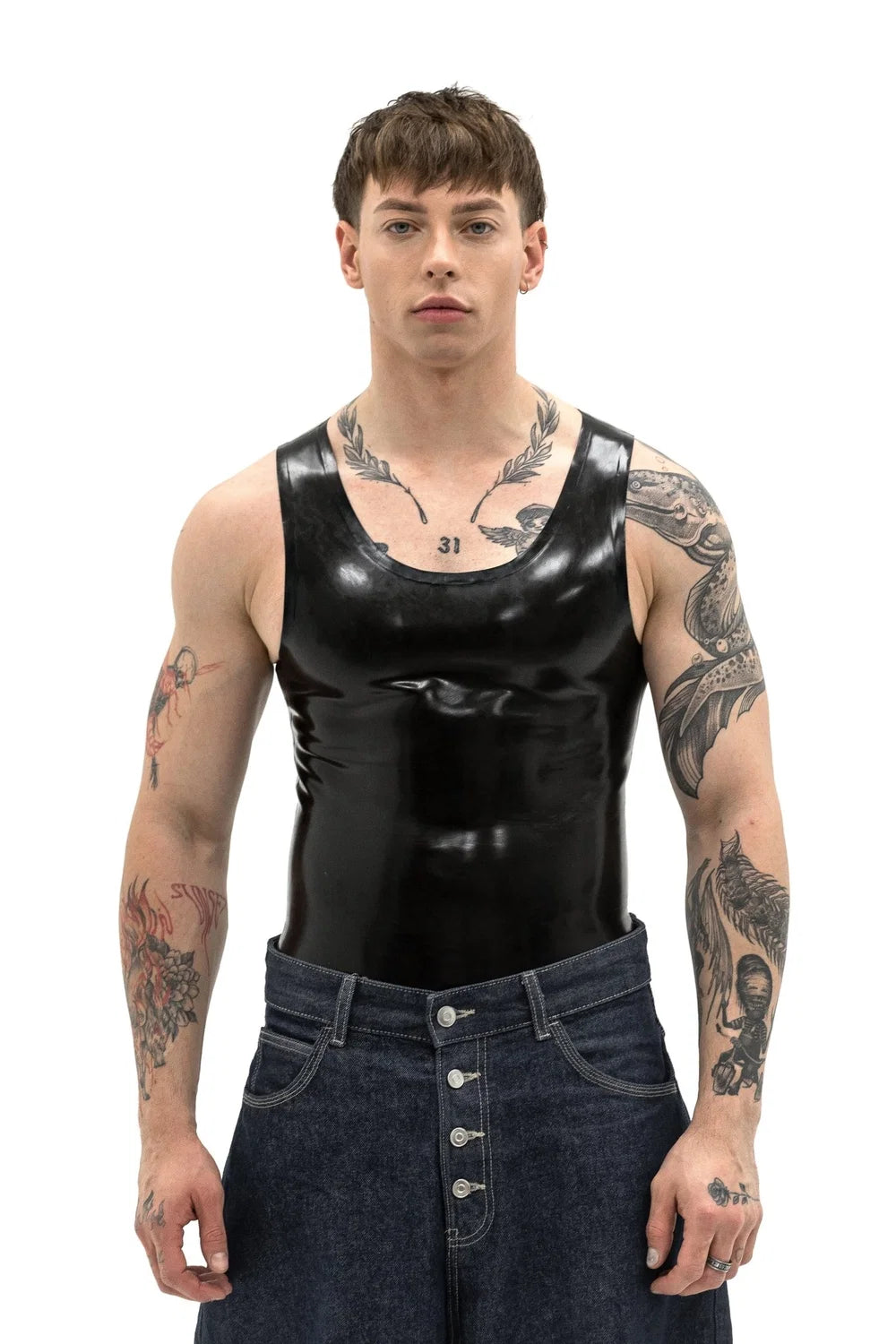Black Latex Body Shirt for Men — Y-Vest, Form-Fitting