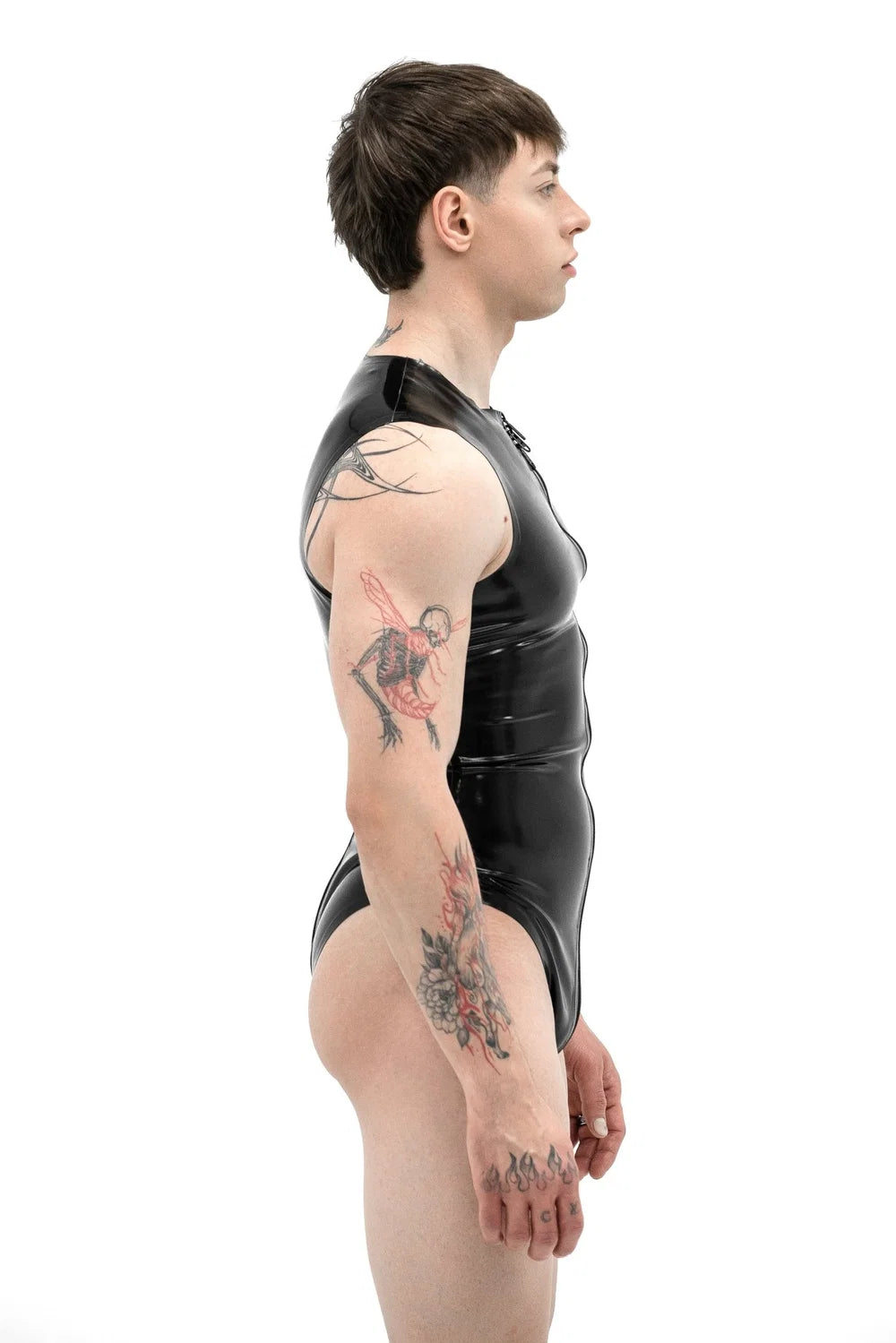 Black Latex Bodysuit for Men — Front Zip, Form-Fitting