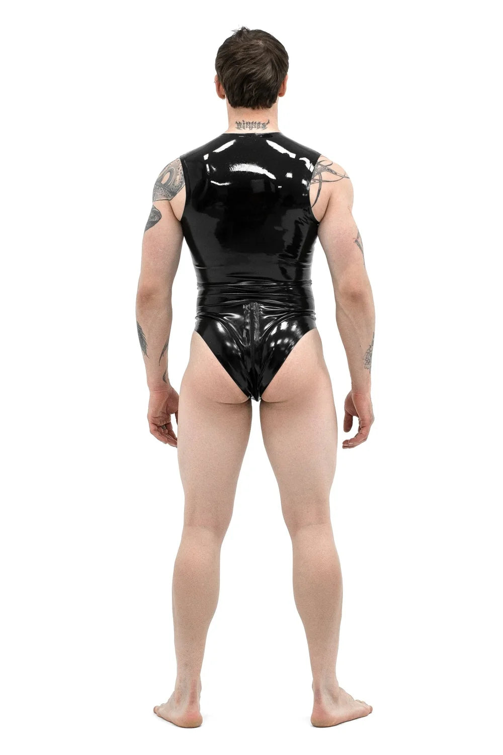 Black Latex Bodysuit for Men — Front Zip, Form-Fitting