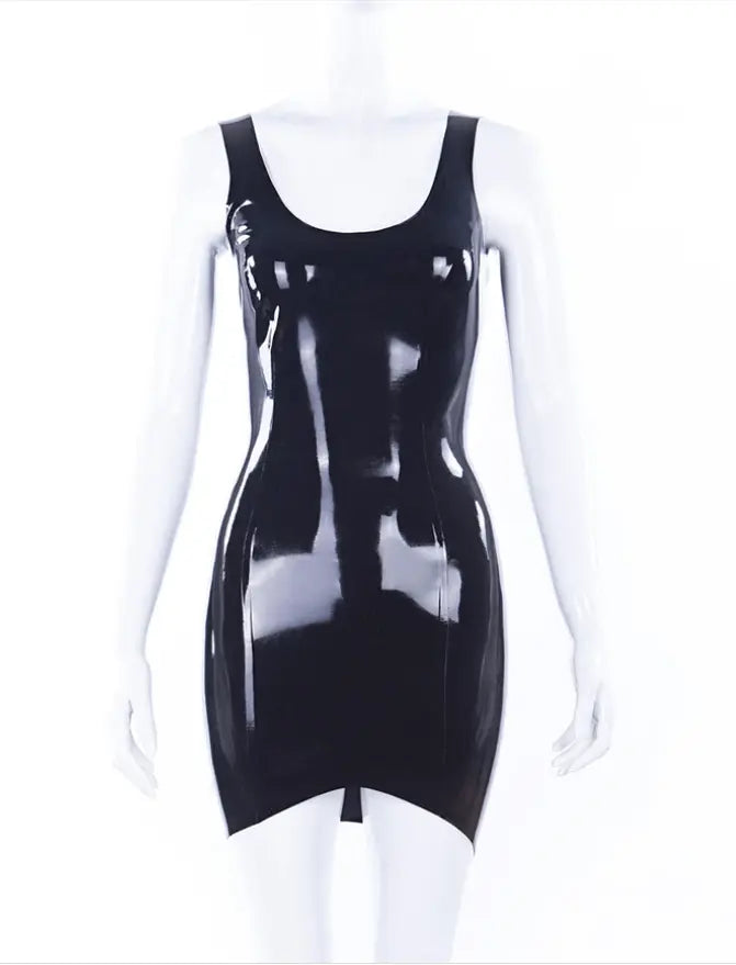 Black Latex Little Black Dress — Deep U Neckline, Low Back