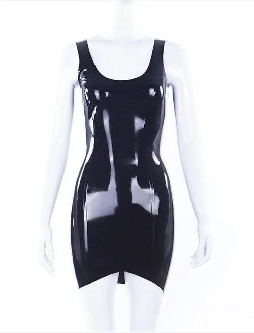Black Latex Little Black Dress — Deep U Neckline, Low Back