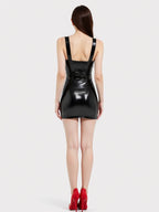 Black Latex Mini Dress — Metal Zip, Waist Belt