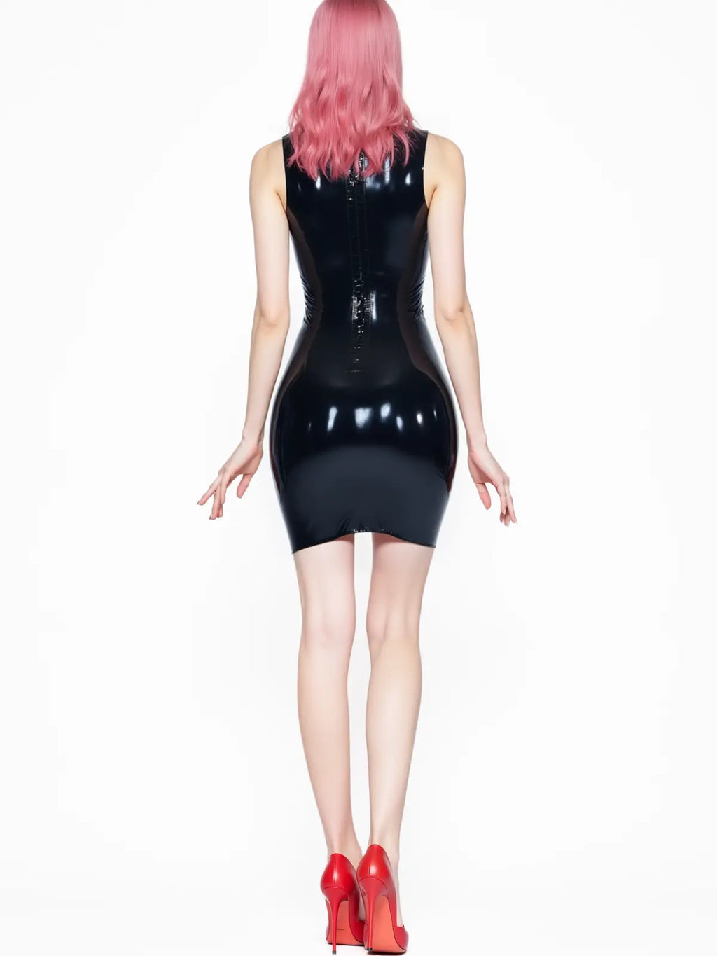 Black Latex Mini Dress — Ruched Texture, High Neck, Racerback