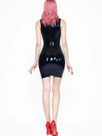 Black Latex Mini Dress — Ruched Texture, High Neck, Racerback